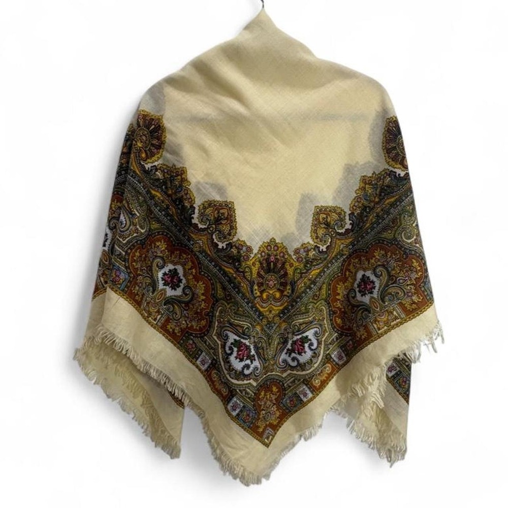 Cottagecore Shawl Scarf Paisley Folk Art Fringe Slavic Inspire Boho 49x49
